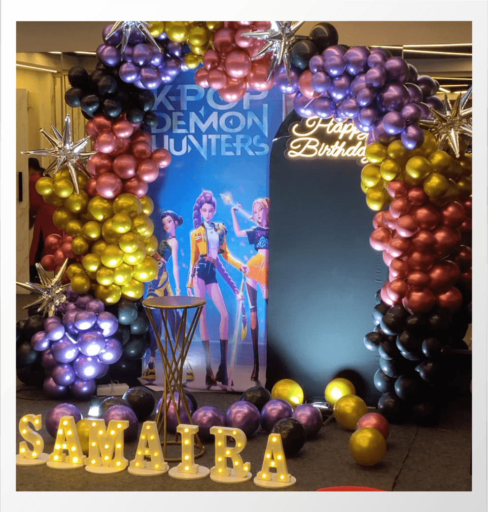 Kids birthday decoration with balloons and cake setup 7